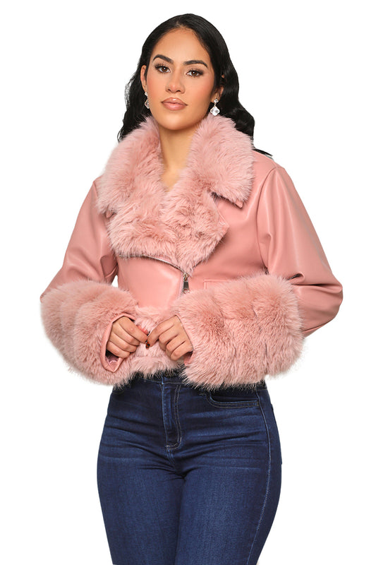 As Usual Faux Leather & Fur Crop Jacket (Pink)- FINAL SALE