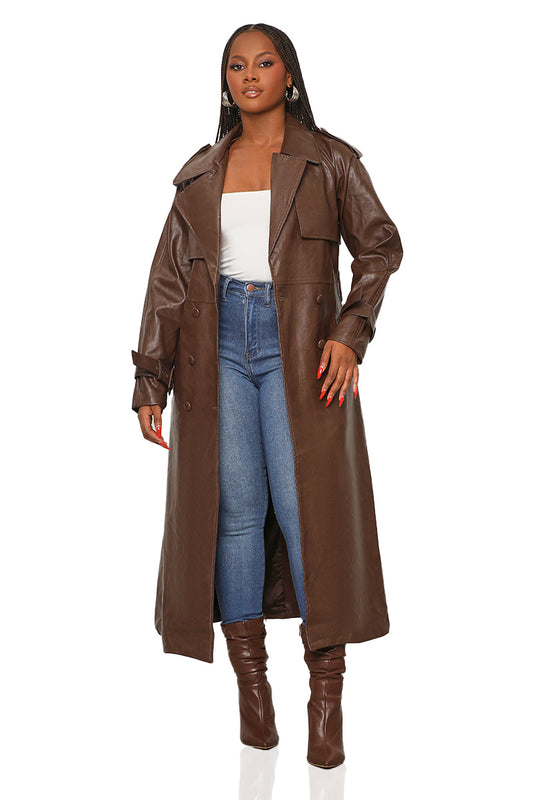 Blocked Hearts Faux Leather Trench Coat (Brown)- FINAL SALE