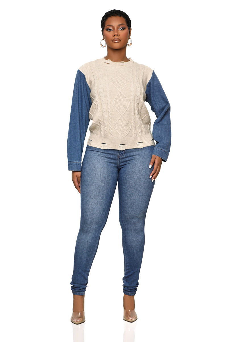 Keep Me Close Knit Denim Sweater (Cream Multi)- FINAL SALE
