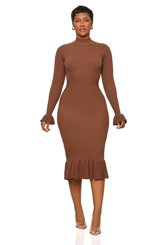 No Frills High Neck Midi Dress (Brown)- FINAL SALE
