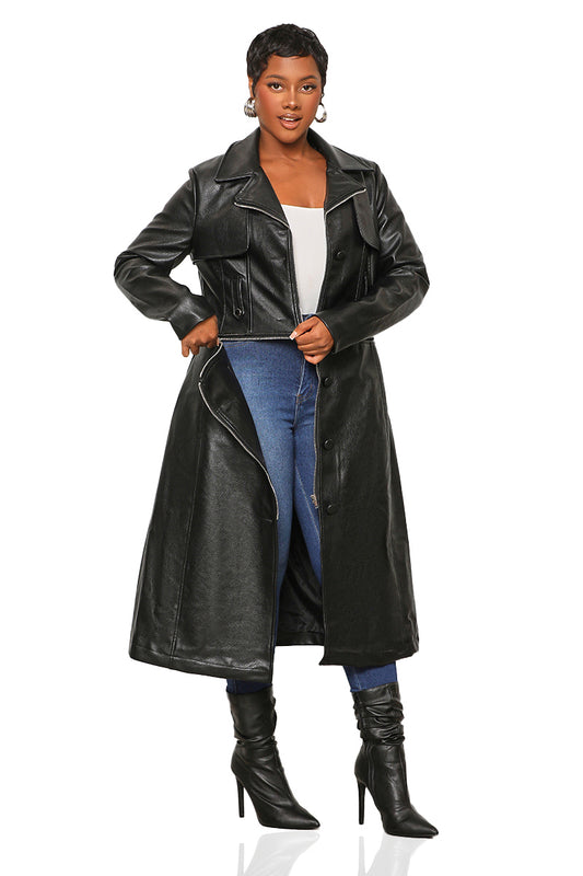 On The Chase Faux Leather Trench Coat (Black)- FINAL SALE