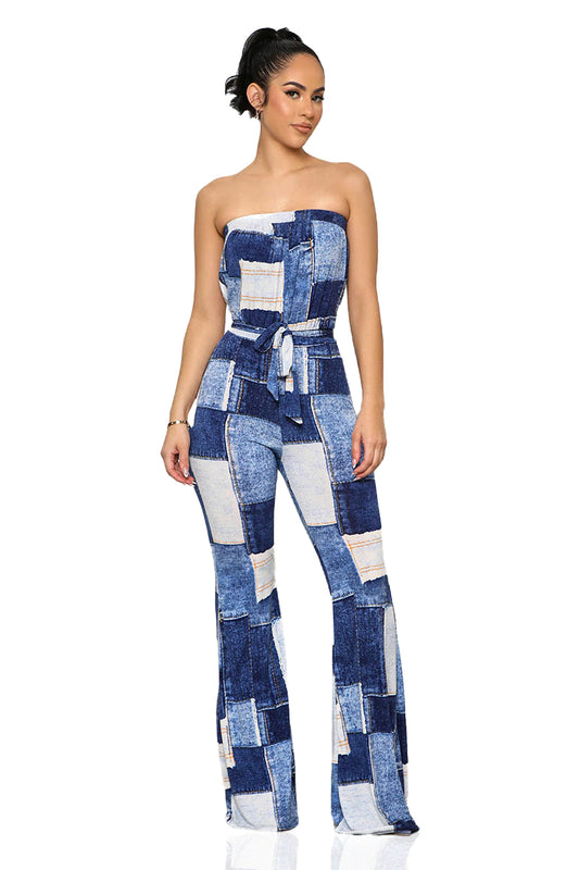 Patchwork Denim Print Sleeveless Jumpsuit (Blue Multi)