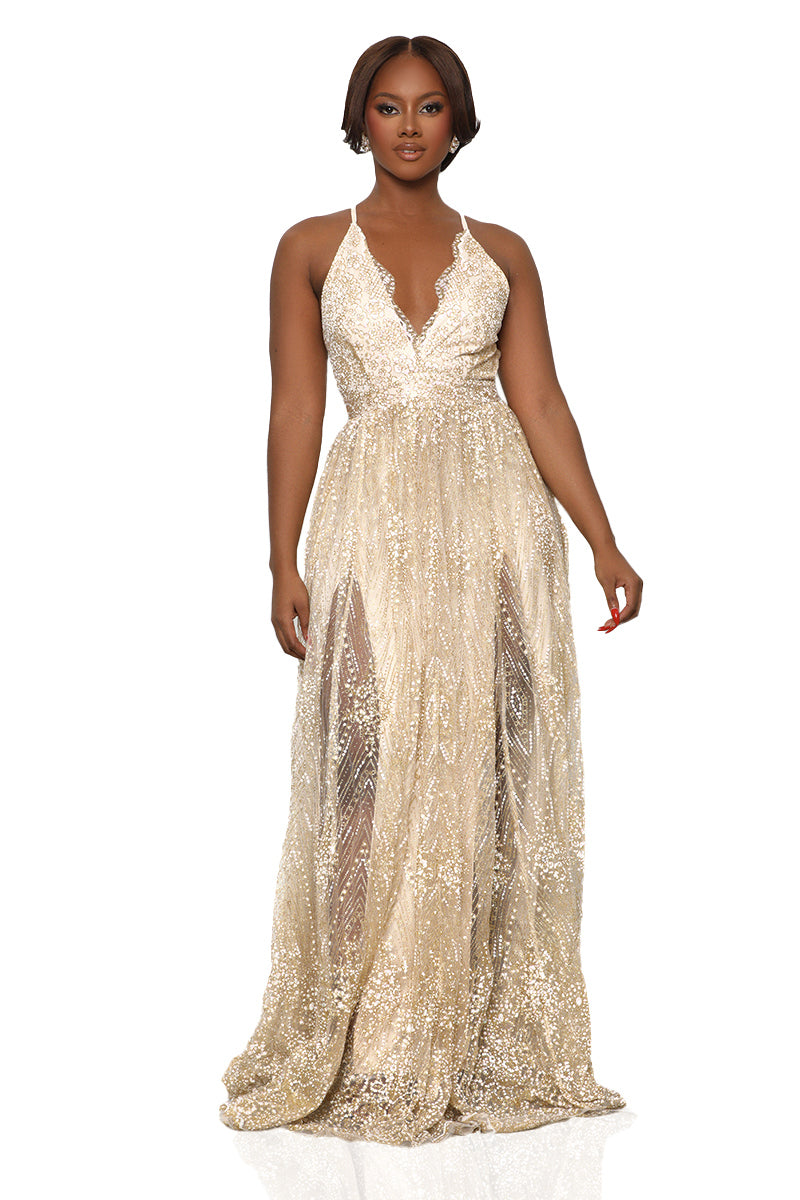 Sheer Bliss Sparkle Maxi Dress (Champagne)- FINAL SALE
