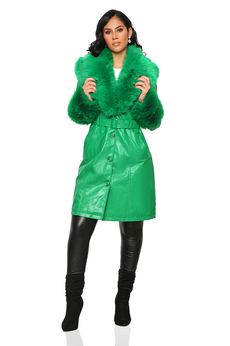 Show Time Faux Fur Trench Coat (Green)- FINAL SALE