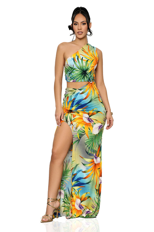 Tropical Twist One Shoulder Maxi Dress (Orange Multi)