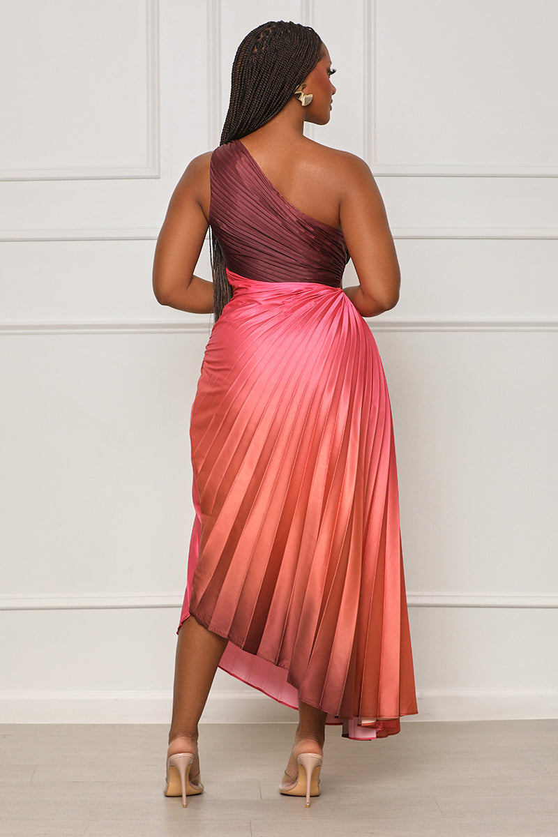 Chasing Sunrises One Shoulder Ombre Dress (Pink Multi)