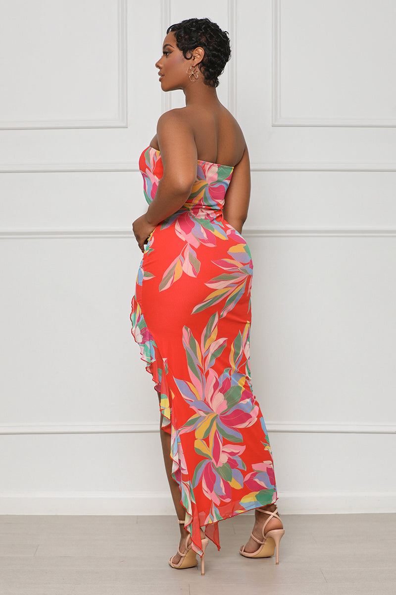 Exotic Florals Strapless Maxi Dress (Red Multi)
