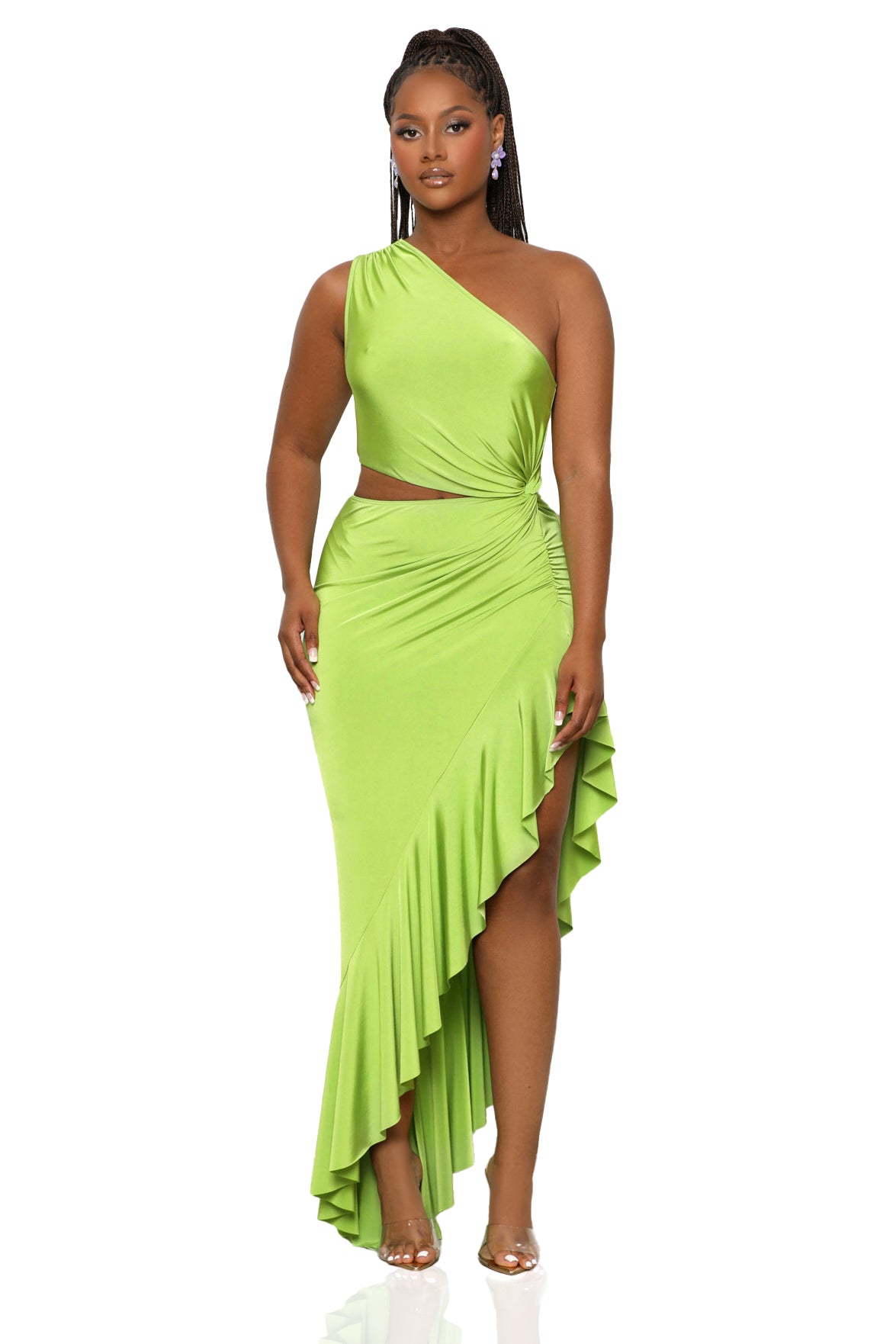 Foreign Affairs One Shoulder Ruffle Dress (Lime)