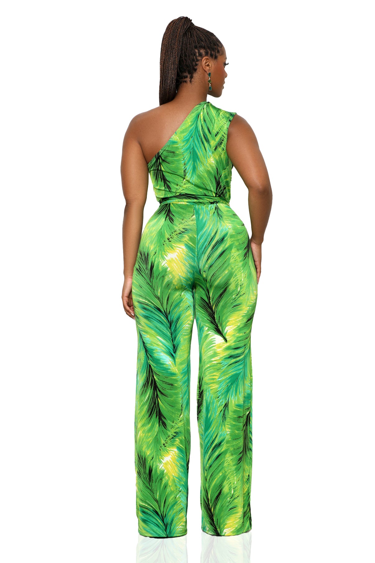 One Shoulder Palm Print Jumpsuit (Green)