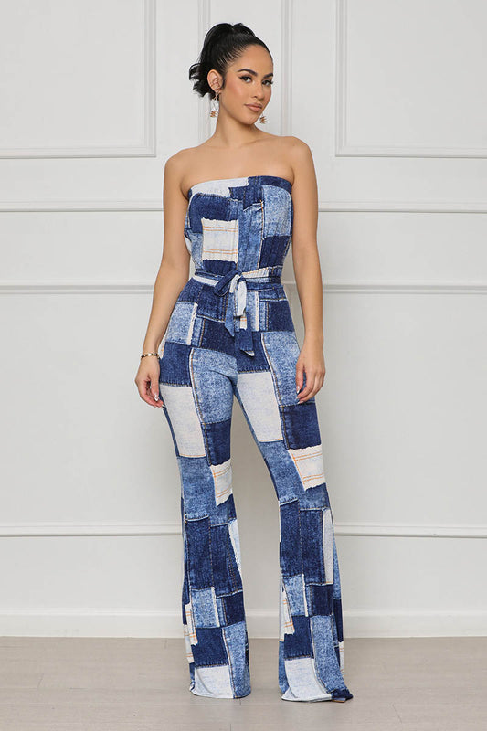 Patchwork Denim Print Sleeveless Jumpsuit (Blue Multi)