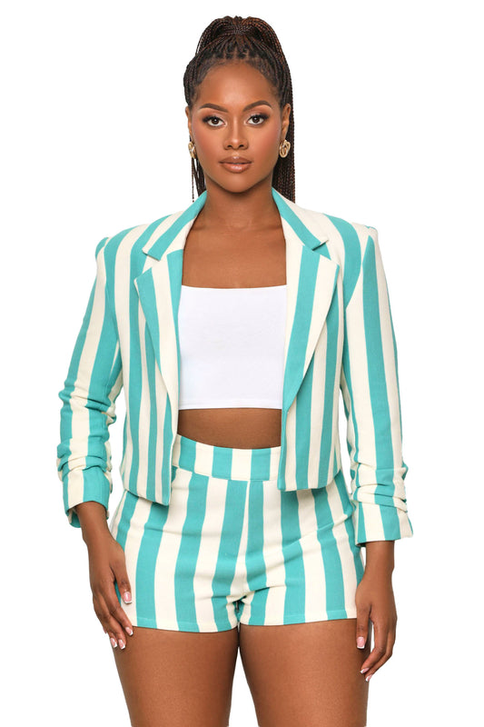 Stripe It Out Blazer Short Set (Green & White)