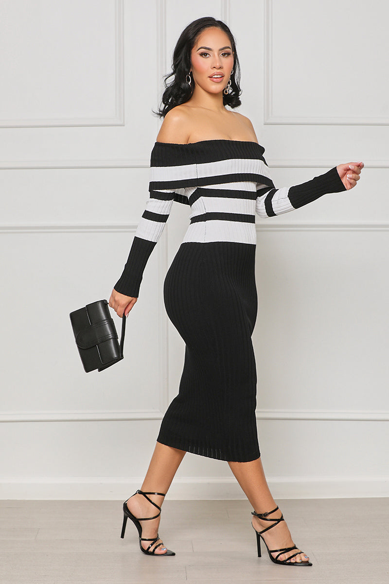 Chic Dates Off Shoulder Ribbed Knit Dress (White Multi) - Lilly's Kloset