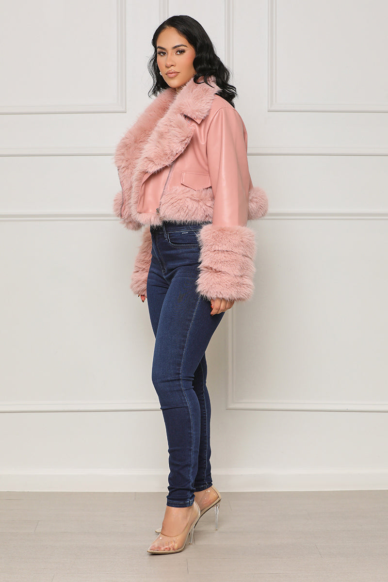 As Usual Faux Leather & Fur Crop Jacket (Pink) - Lilly's Kloset
