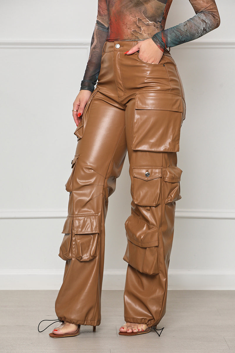 Never Too Late Faux Leather Cargo Pants (Brown)- FINAL SALE