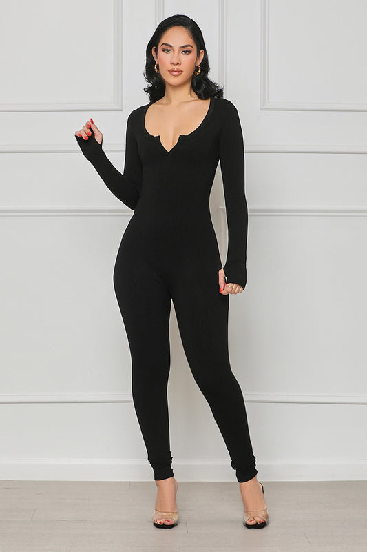 Seamless Ribbed Cut-Out Jumpsuit (Black)- FINAL SALE