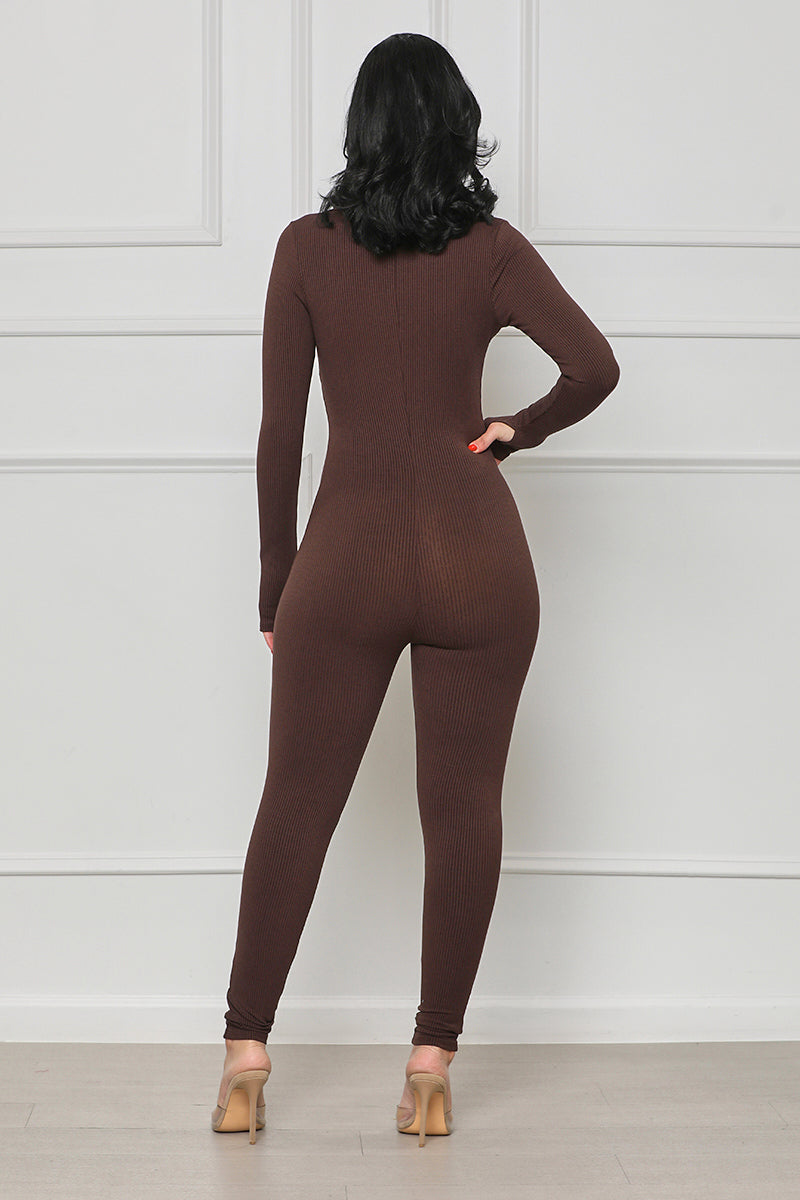 Seamless Ribbed Cut-Out Jumpsuit (Brown)- FINAL SALE