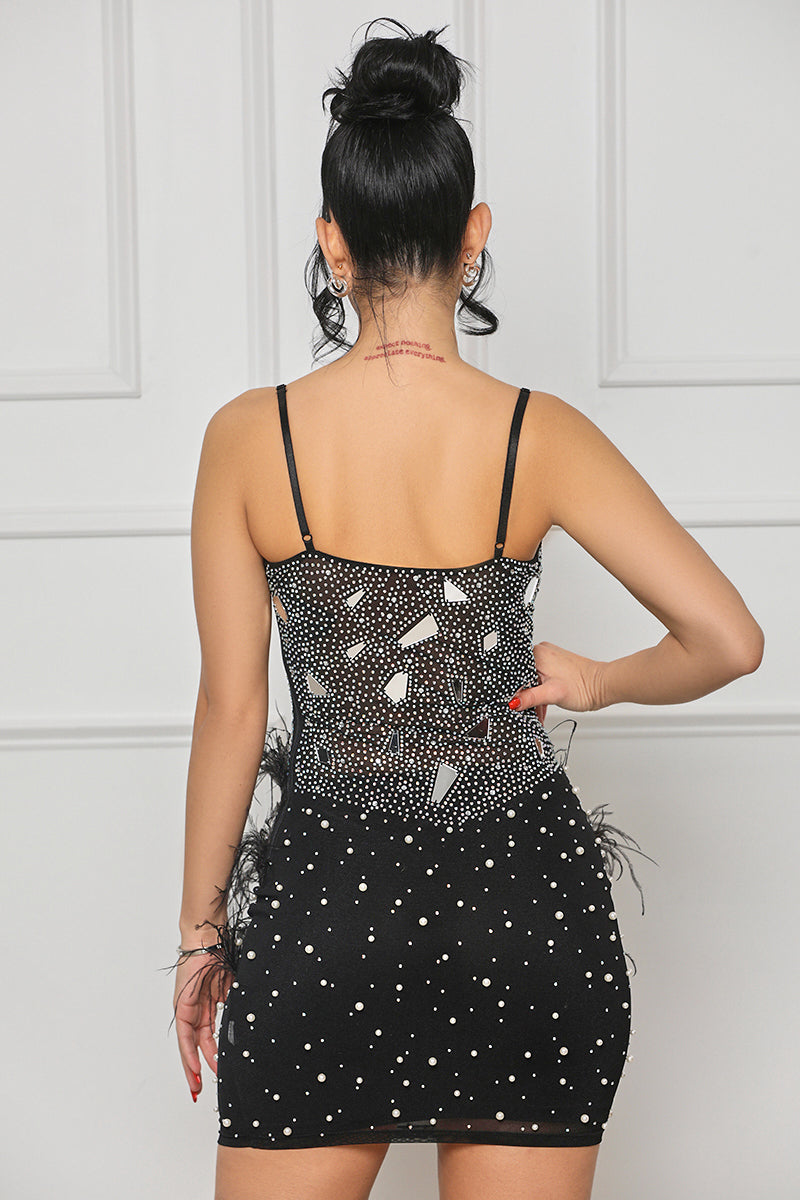 Magnetic Attraction Feather Mini  Dress (Black)- FINAL SALE