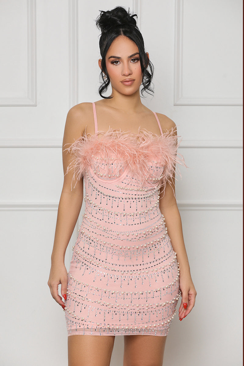 Embellished Dreams Feather Mini Dress (Pink)- FINAL SALE