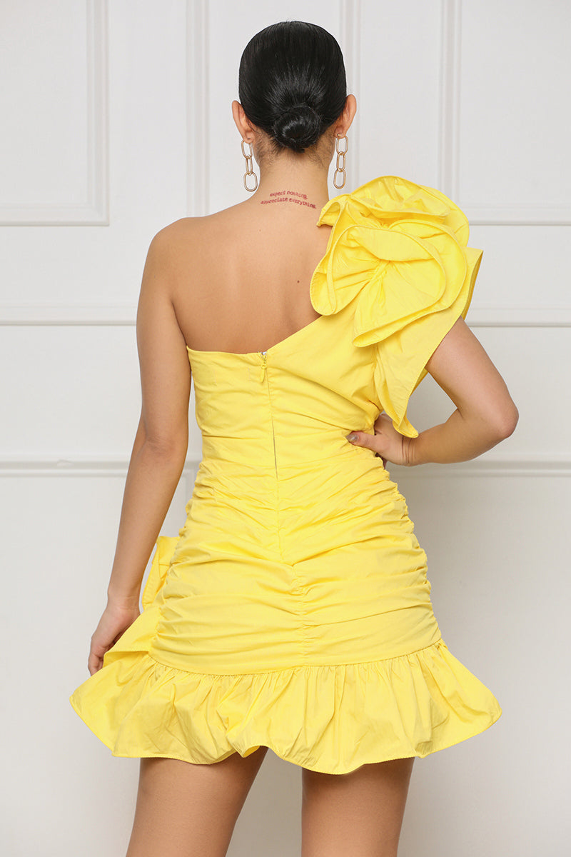 All Ruffled Up One Shoulder Mini Dress (Yellow) - Lilly's Kloset