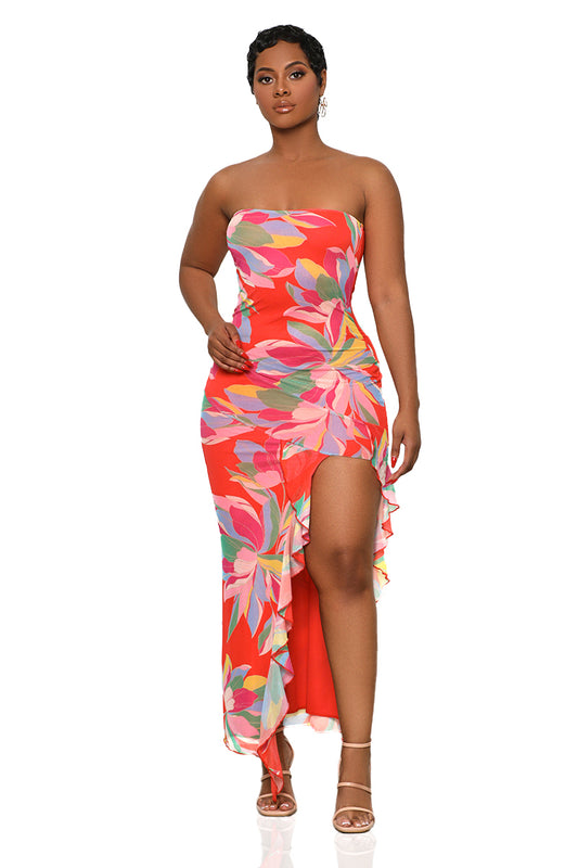 Exotic Florals Strapless Maxi Dress (Red Multi)