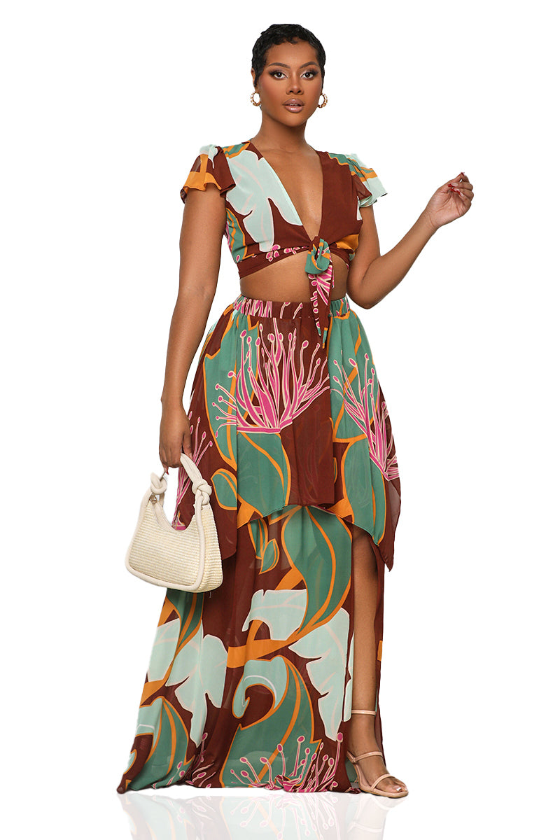 Island Girl Crop Skirt Set (Brown Multi)