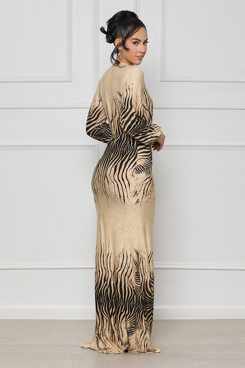 Royal Zebra Print Maxi Dress (Tan Multi)