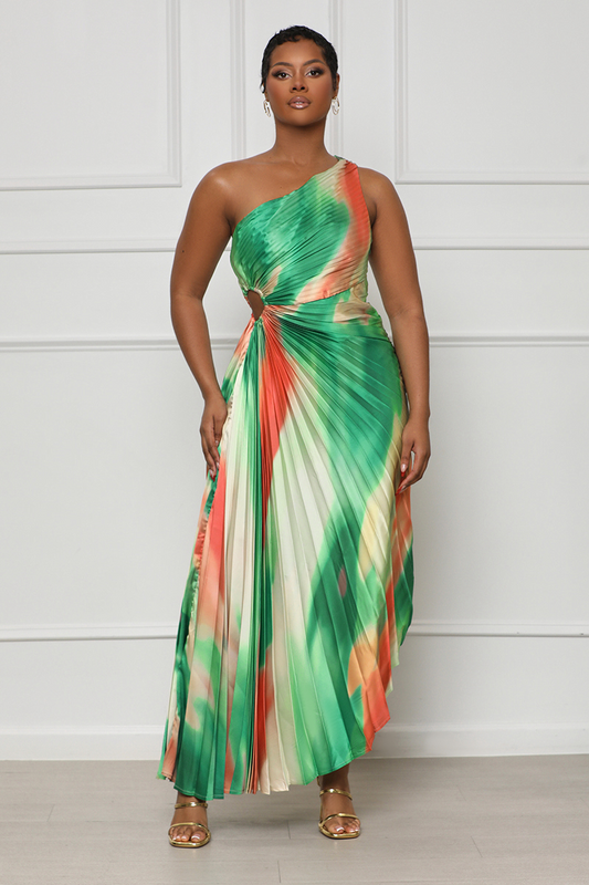 Sunkissed Watercolor One Shoulder Dress (Green Multi)