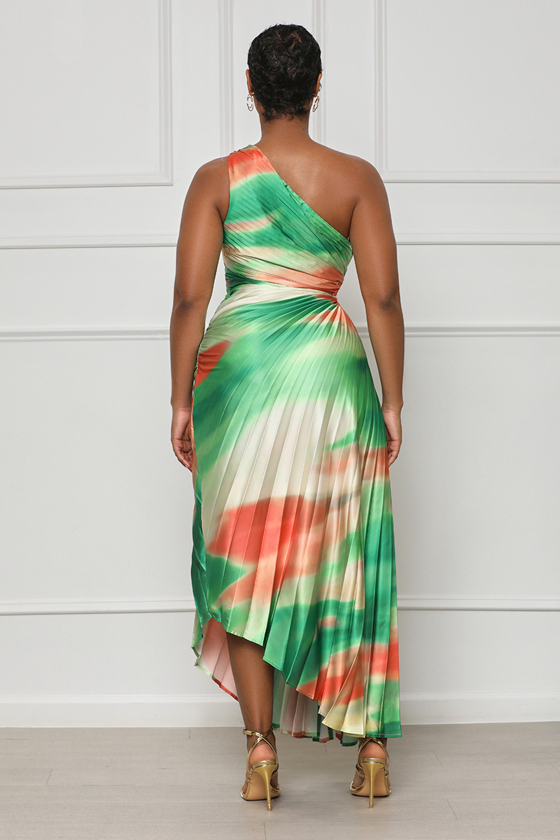 Sunkissed Watercolor One Shoulder Dress (Green Multi)