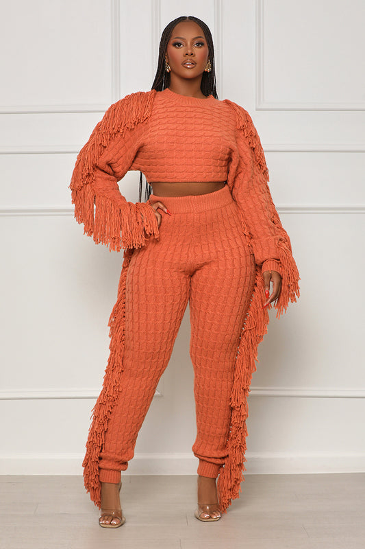 Fallin’ For ‘Em Cable Knit Fringe Pants Set (Orange)