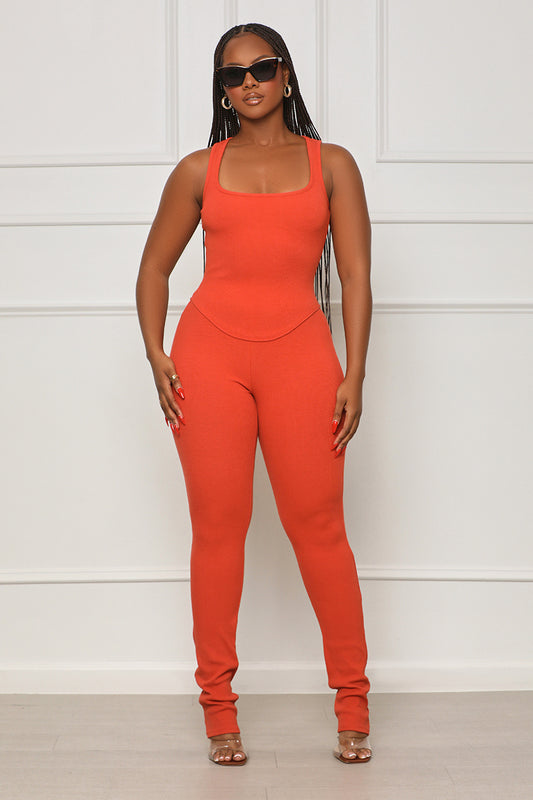 Seamless Contour Ribbed Pants Set (Orange)