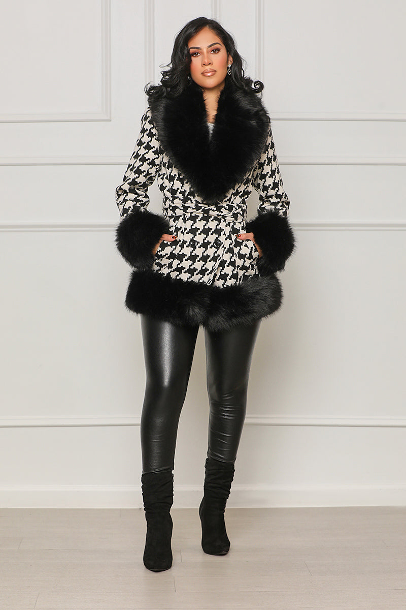 Uptown Girl Faux Fur Houndstooth Coat