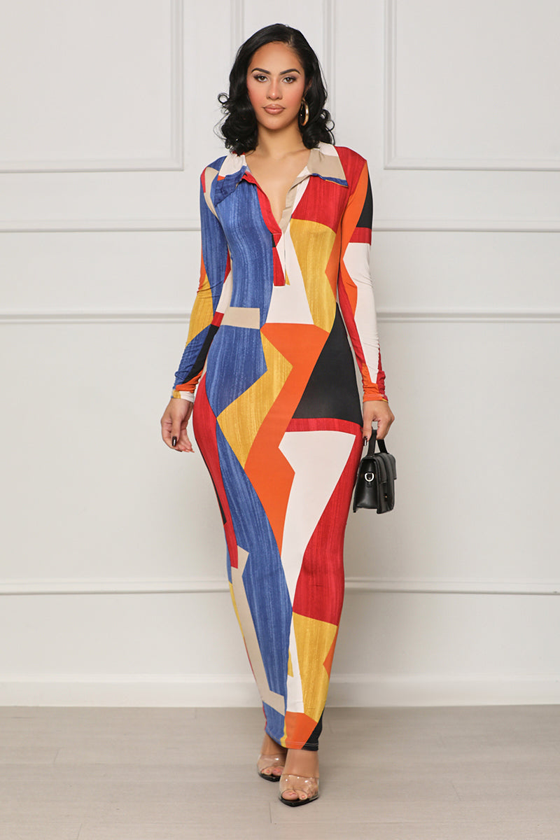 Golden Hour Geometric Collared Dress (Red Multi)