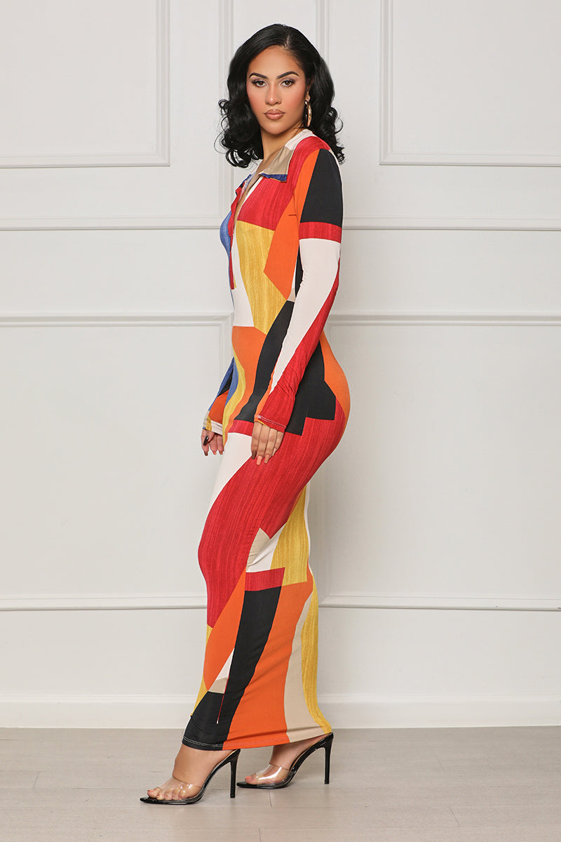 Golden Hour Geometric Collared Dress (Red Multi)