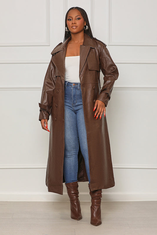 Blocked Hearts Faux Leather Trench Coat (Brown)