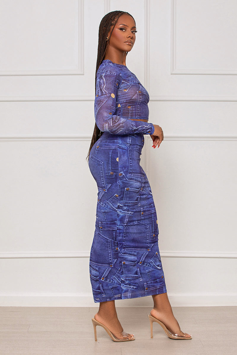 Blue Jean Babe Denim Print Skirt Set (Blue)- FINAL SALE