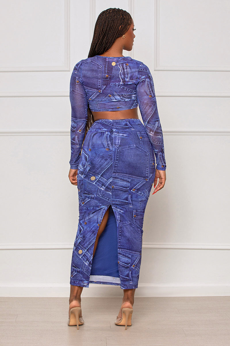 Blue Jean Babe Denim Print Skirt Set (Blue)- FINAL SALE