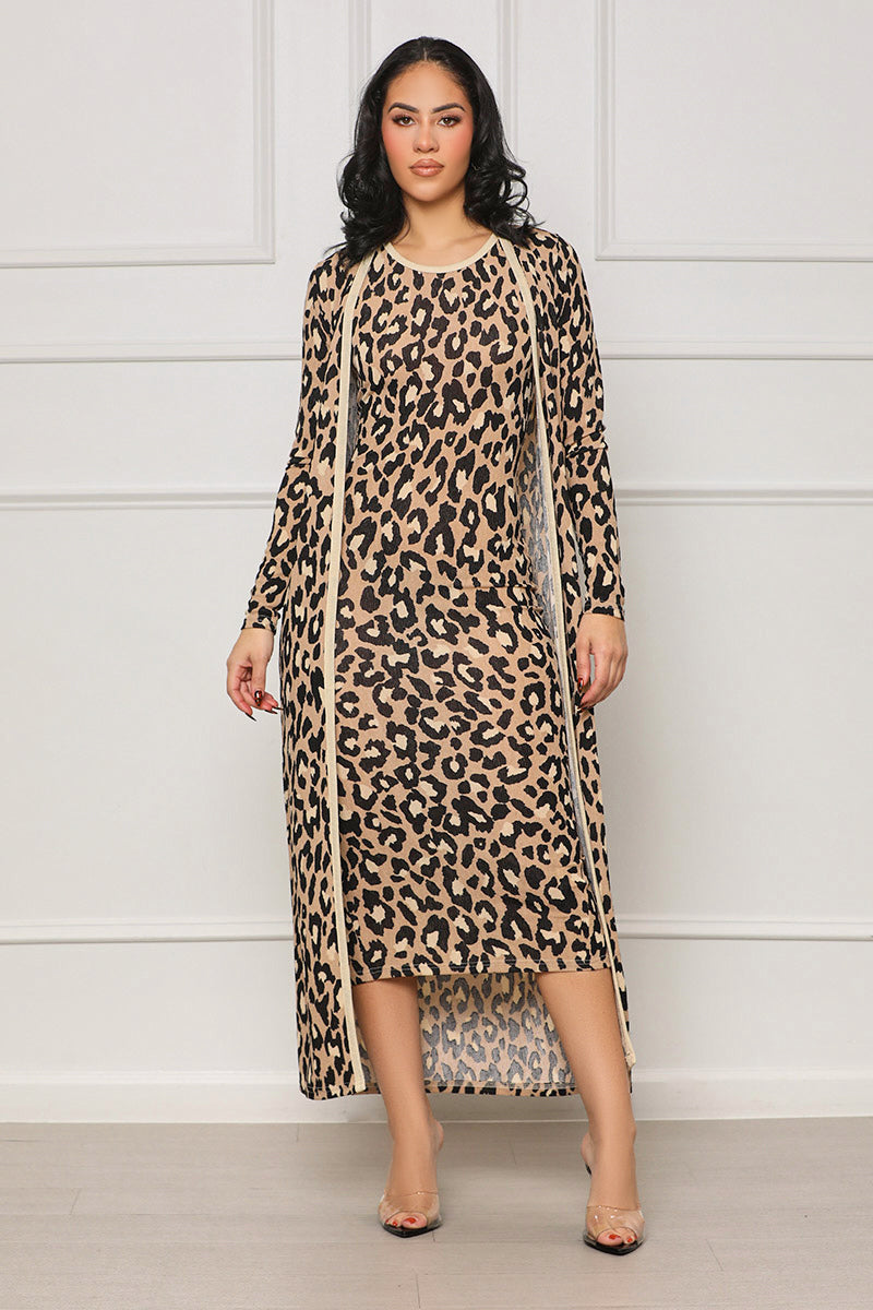 Fierce Lounger Leopard Duster Dress Set (Tan Multi)