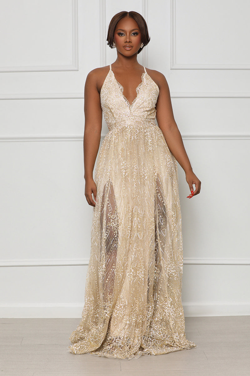 Sheer Bliss Sparkle Maxi Dress (Champagne)- FINAL SALE