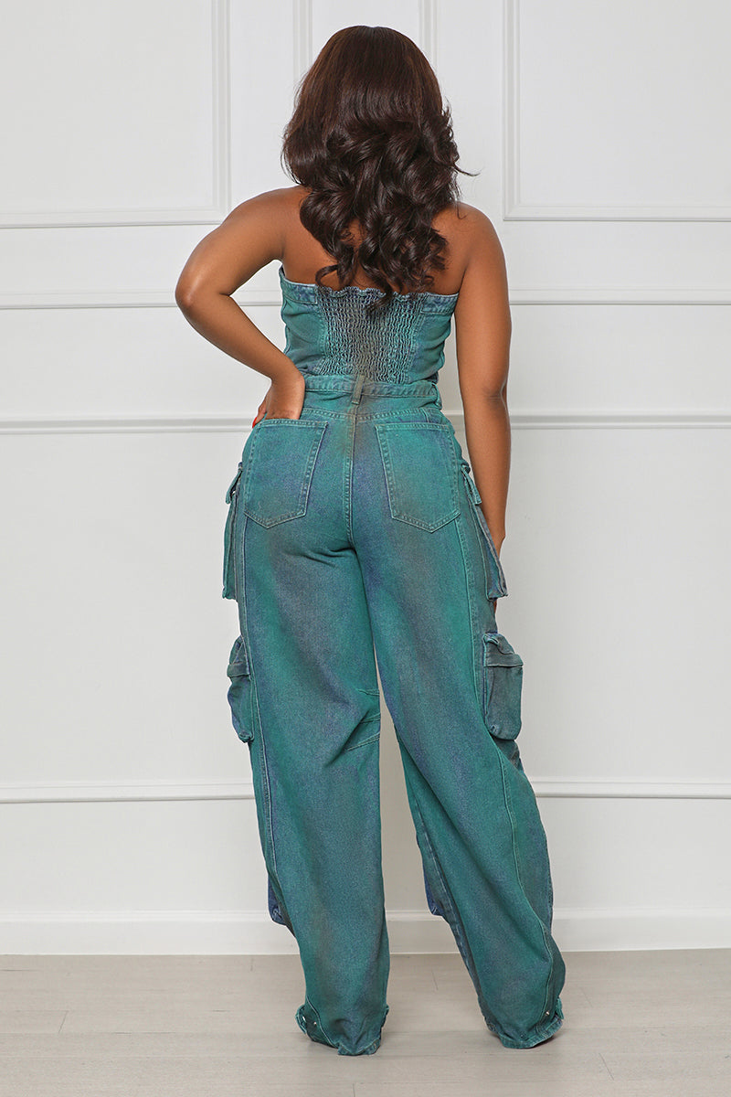 Coming For You Strapless Cargo Jumpsuit (Blue Multi)