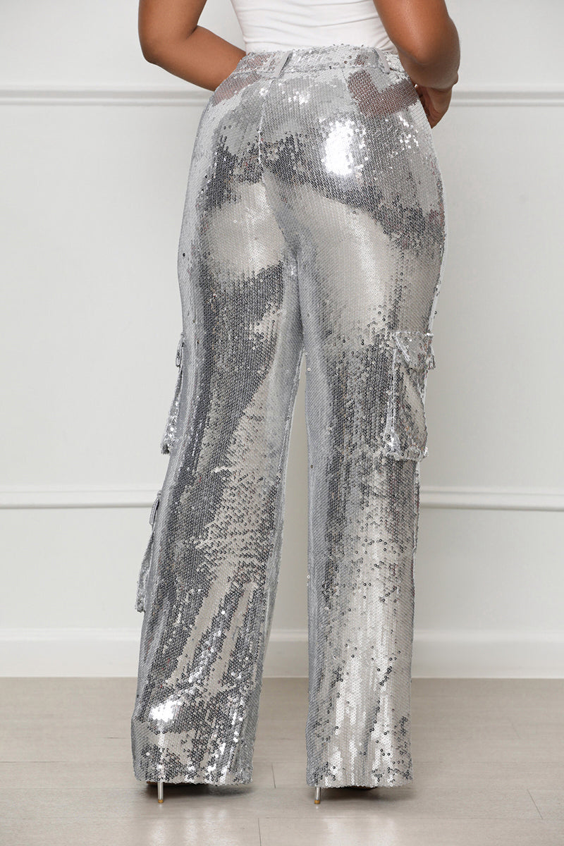 Top Tier Sequin Cargo Pants (Silver)