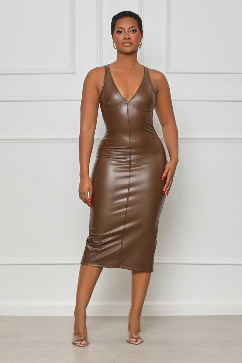 Talk To Me Plunge Faux Leather Dress (Brown)