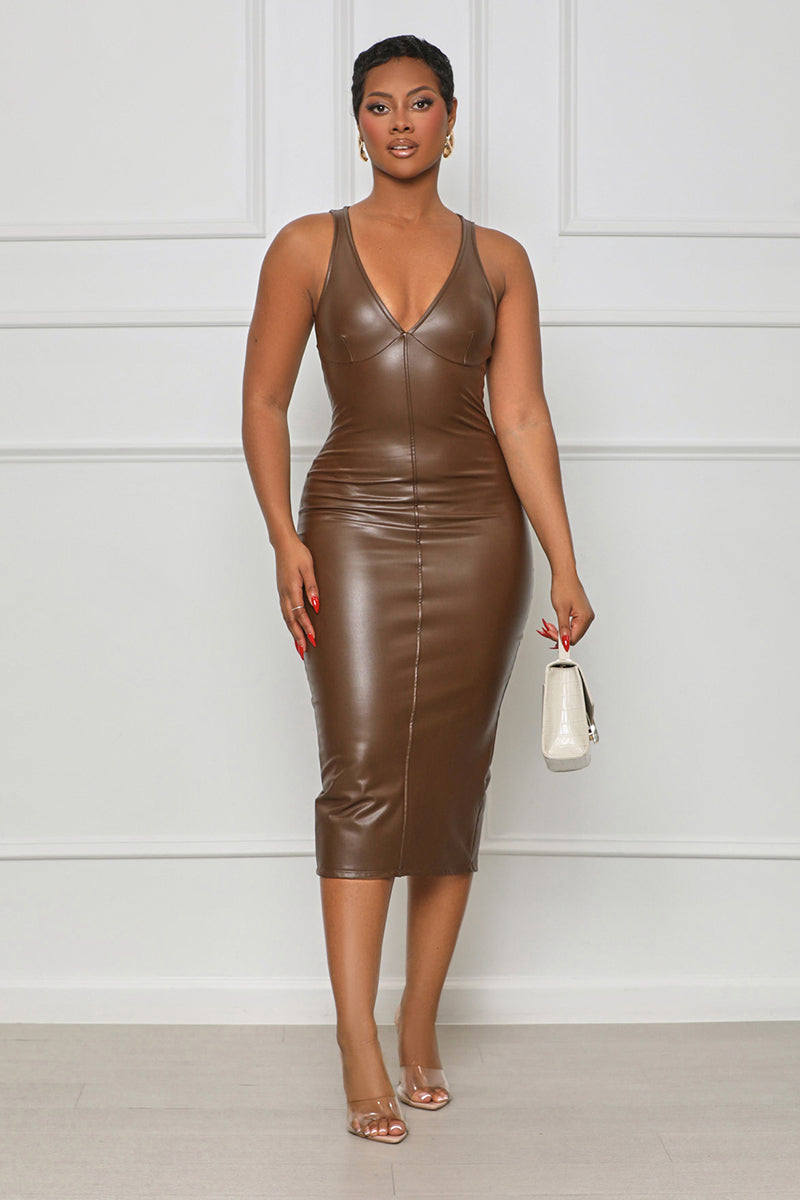 Talk To Me Plunge Faux Leather Dress (Brown)