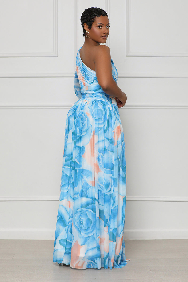 Watercolor Rose One Shoulder Maxi Dress (Blue Multi)