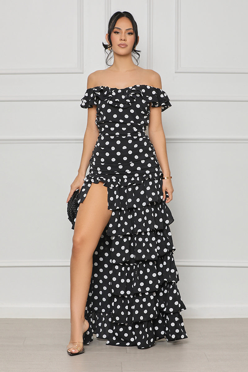Polka Dot Ruffle Maxi Dress (Black Multi)