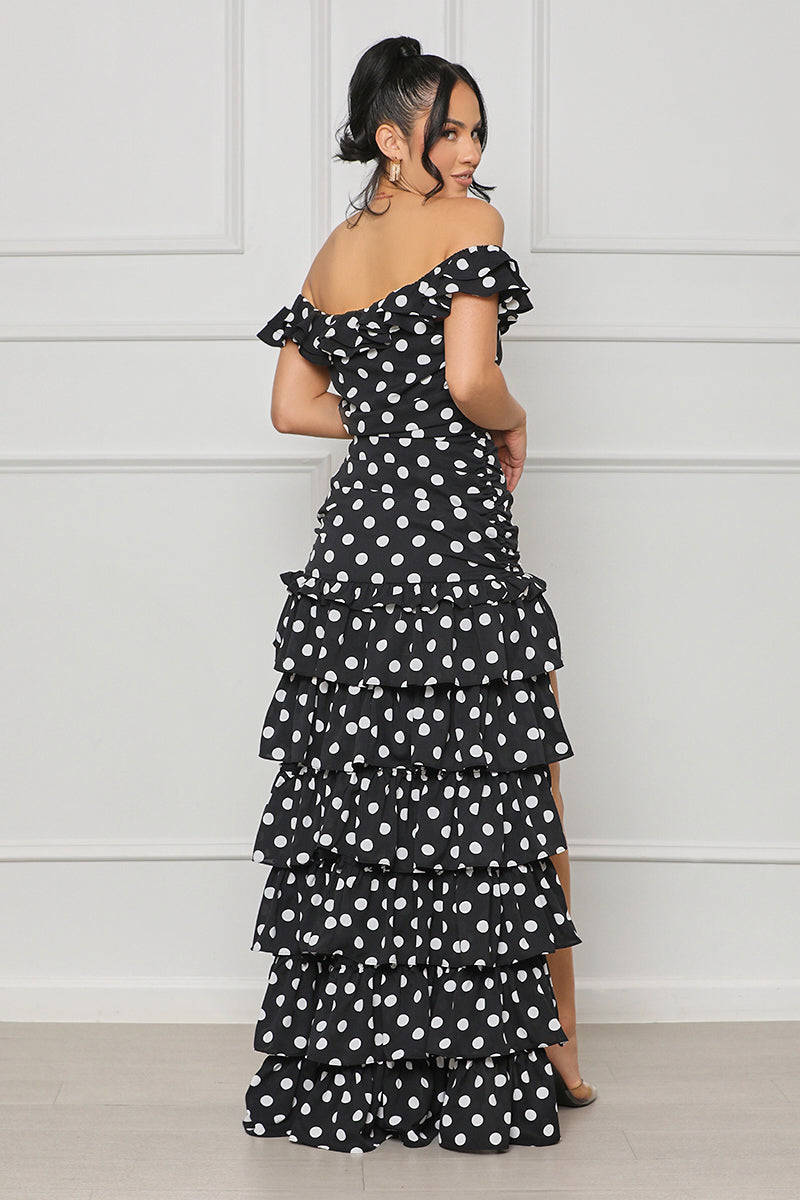 Polka Dot Ruffle Maxi Dress (Black Multi)
