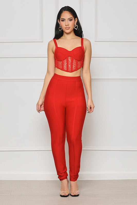 Lace Corset Bandage Pants Set (Red) - Lilly's Kloset