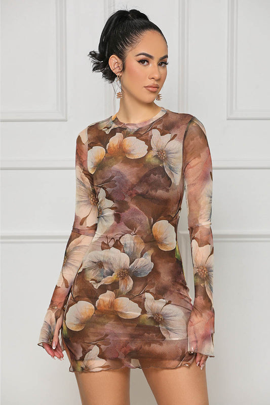 Wild Flower Mesh Mini Dress (Brown Multi)