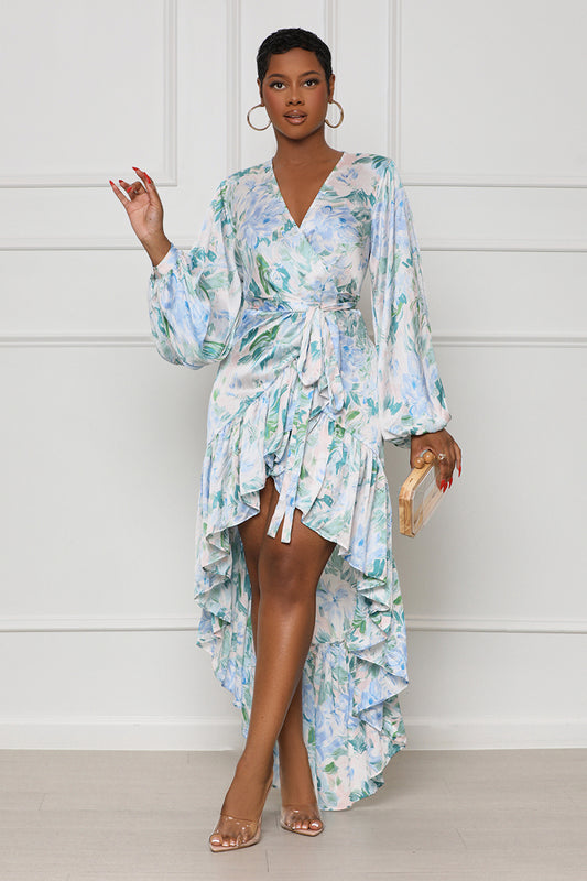 Full Vibes Ruffle Floral Wrap Dress (Blue Multi) - Lilly's Kloset