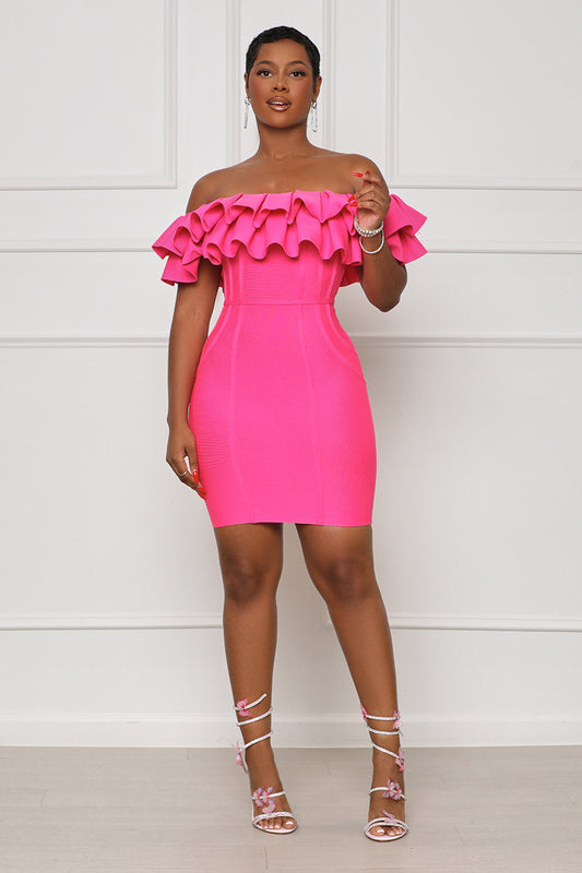 Bubble-Yum Off Shoulder Bandage Dress (Hot Pink) - Lilly's Kloset