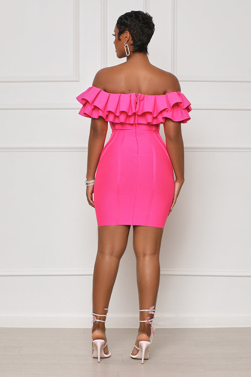 Bubble-Yum Off Shoulder Bandage Dress (Hot Pink) - Lilly's Kloset
